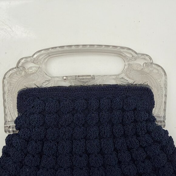 VINTAGE 30s Popcorn Crochet Navy Blue Peacock Handle Evening Bag - Picture 3 of 15